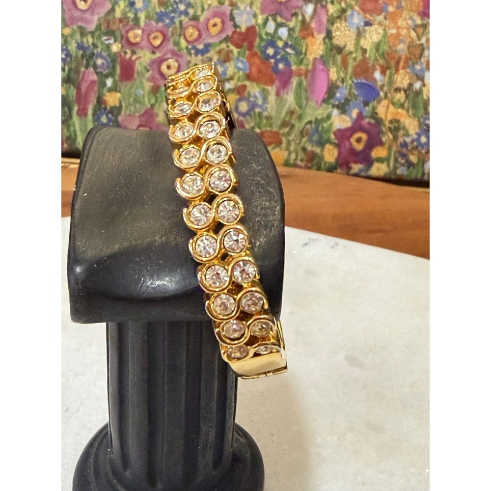 Vintage Rhinestone Square Bracelet Push Closure S design Gold Tone Statement